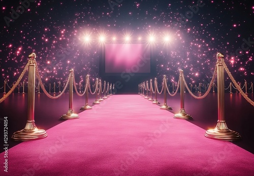  Elegant pink carpet leading to an empty stage with golden ropes, surrounded by twinkling lights, creating a glamorous and luxurious atmosphere for rendering the scene.