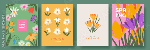 Modern Spring greeting card, banner or poster set with hand drawn flowers for Womens Day, Mothers Day, birthday, Easter. tulips, daisies, daffodils, crocuses. Floral designe template