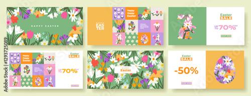 Happy Easter horizontal banner, card, poster set  with hand drawn spring flowers, eggs and Easter bunny. Creative concept for greetings,  web, ads, sales
