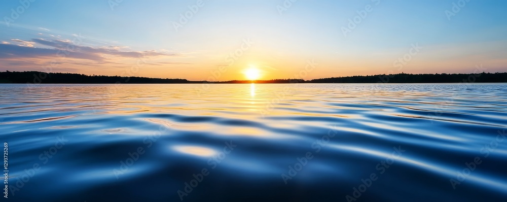 Obraz premium Sunset light dappling on the surface of a quiet fishing lake.