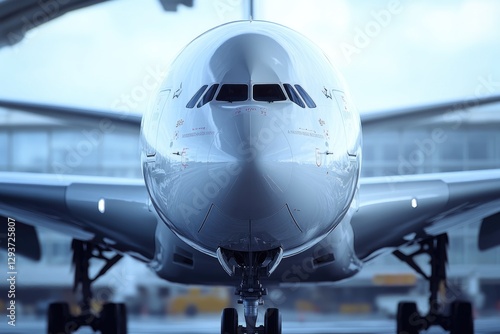 Large passenger jet parked on the airport tarmac, ready for departure