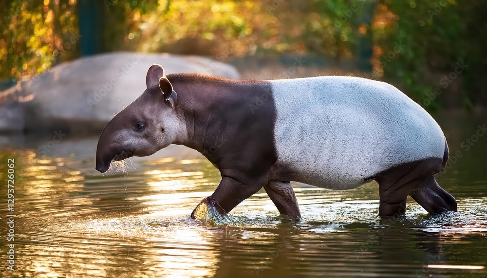 Fototapeta premium Nimble Malayan Tapir Wades through a Nebraskan Zoo Pond at Dusk, Displaying its Aquatic Agility and Playful Characteristics amidst the Serene Environment