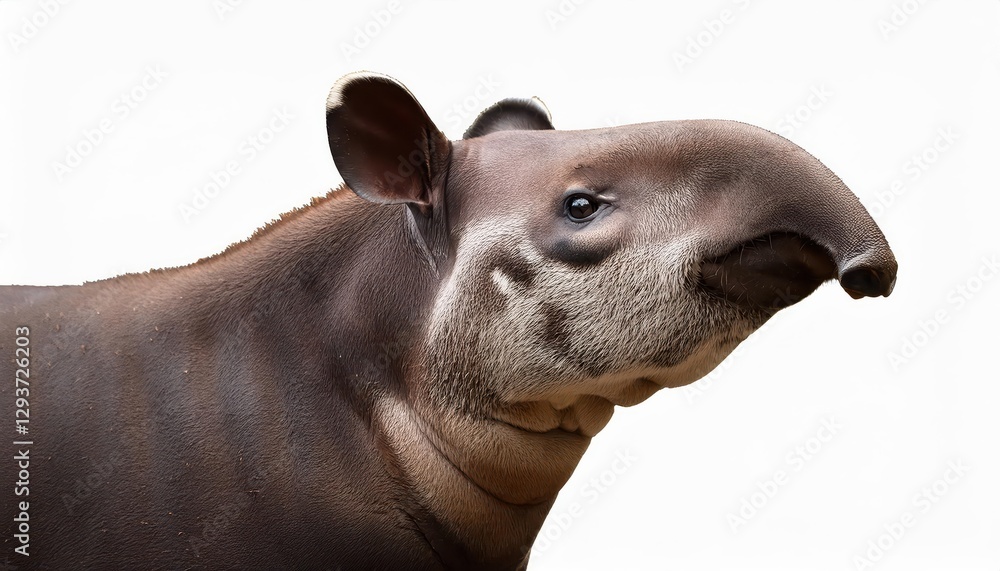 Striking Portrait of a Malayan Tapir against a White Background, Showcasing its Striped Fur and Distinctive Snout, Exuding Majesty in an Uncluttered Environment Striking Portrait of a Malayan Tapir against a White Background, Showcasing its Striped Fur and Distinctive Snout, Exuding Majesty in an Uncluttered Environment