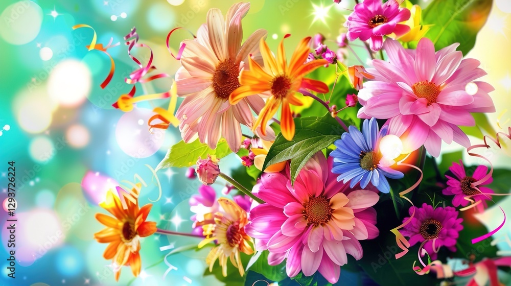 Vibrant Birthday Bouquet with Fresh Flowers, Joyful Floral Arrangement for Celebrations, Party Decorations, Festive Greeting Card Background Vibrant Birthday Bouquet with Fresh Flowers, Joyful Floral Arrangement for Celebrations, Party Decorations, Festive Greeting Card Background
