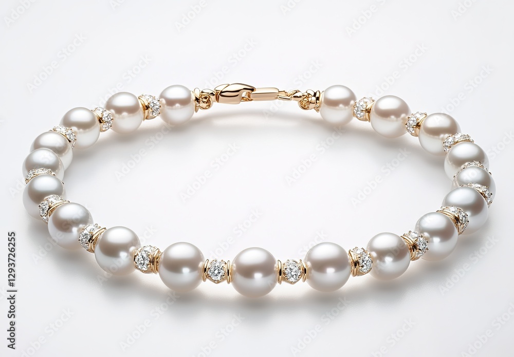 The delicate white pearl necklace is displayed on the table, with a golden clasp and small diamonds embedded in it. The delicate white pearl necklace is displayed on the table, with a golden clasp and small diamonds embedded in it.