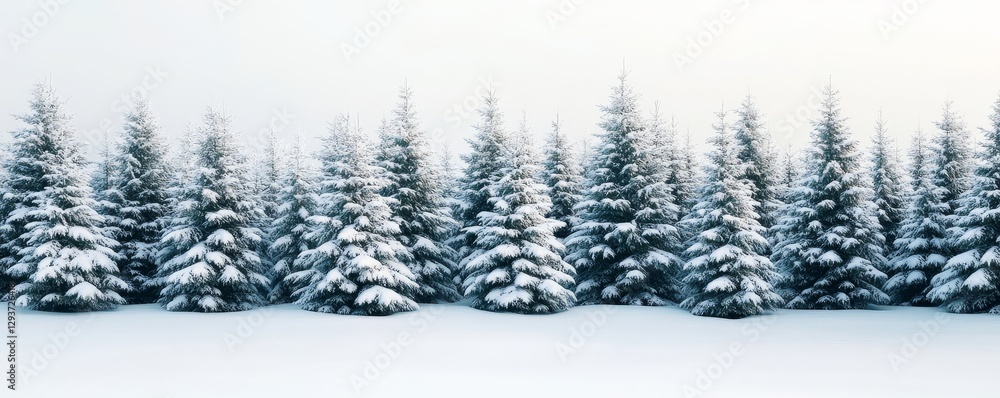 Fototapeta premium Snow-covered evergreen trees with soft dappled light, peaceful winter wonderland.