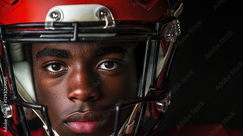 American football player in helmet, intense focus and determination in dramatic portrait.
American football player in helmet, intense focus and determination in dramatic portrait.