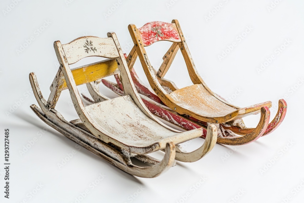 Two wooden sleds sit together, ready for use Two wooden sleds sit together, ready for use