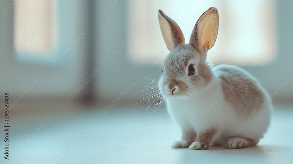 Obraz premium A cute little rabbit is sitting on a white floor