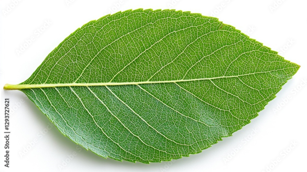 Obraz premium Single green leaf isolated on white background; nature, botany, design