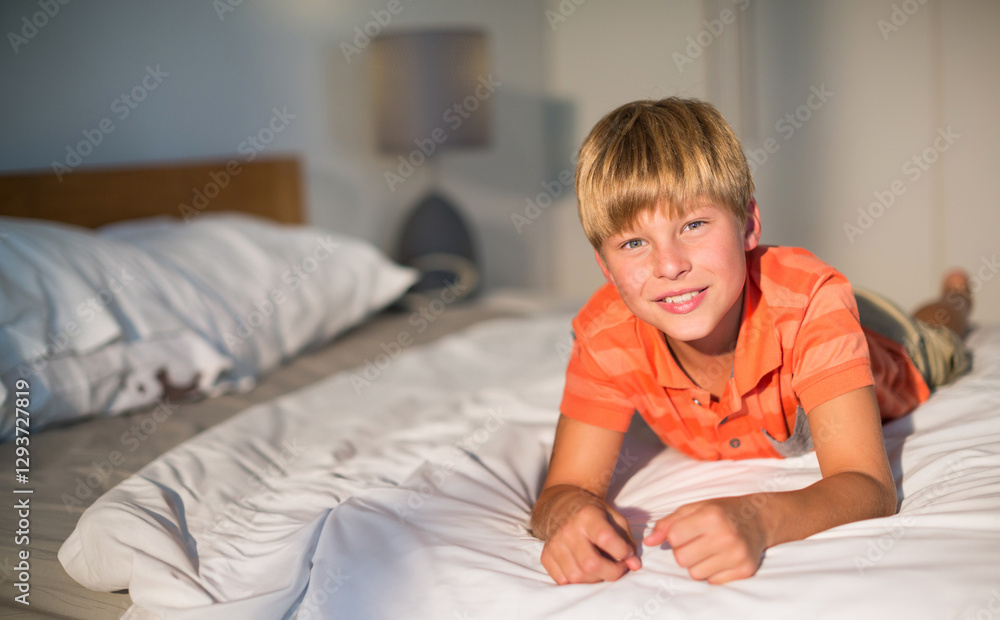 Smiling boy in orange shirt relaxing on bed at home, enjoying leisure time, copy space Smiling boy in orange shirt relaxing on bed at home, enjoying leisure time, copy space