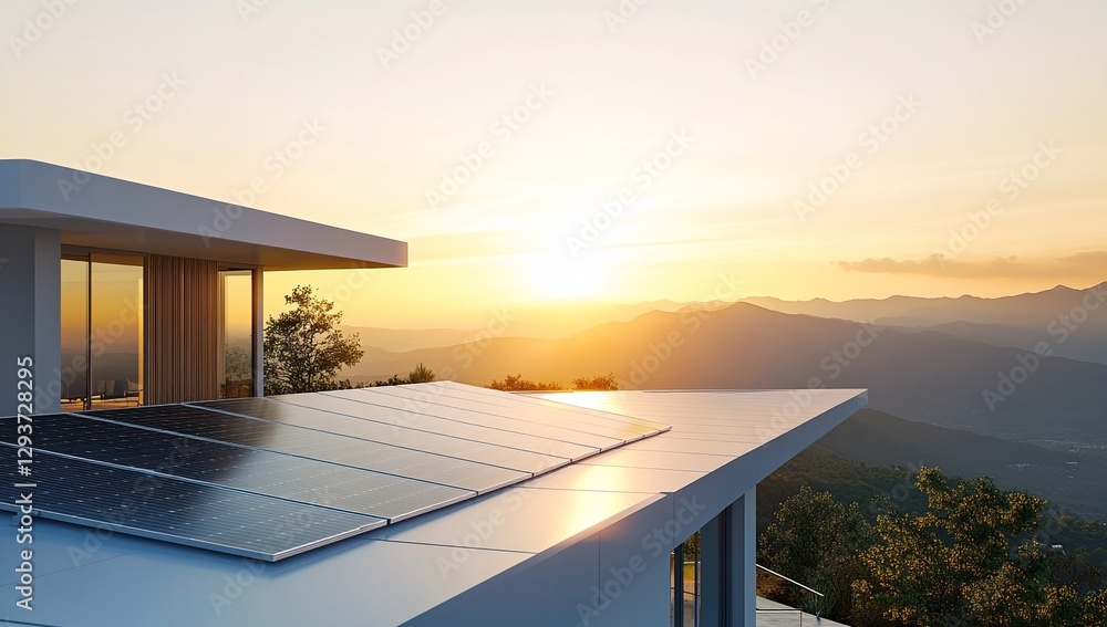 Fototapeta premium Modern Home with Solar Panels on Rooftop at Sunset