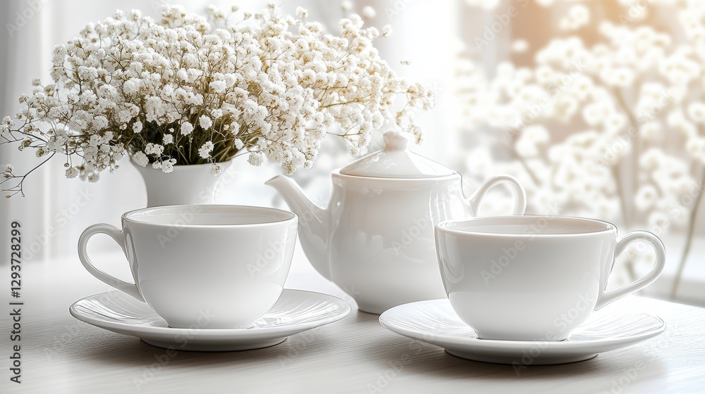 Two elegant cups with saucers are placed on a table, accompanied by a charming vase filled with vibrant flowers, creating a delightful setting. Two elegant cups with saucers are placed on a table, accompanied by a charming vase filled with vibrant flowers, creating a delightful setting.