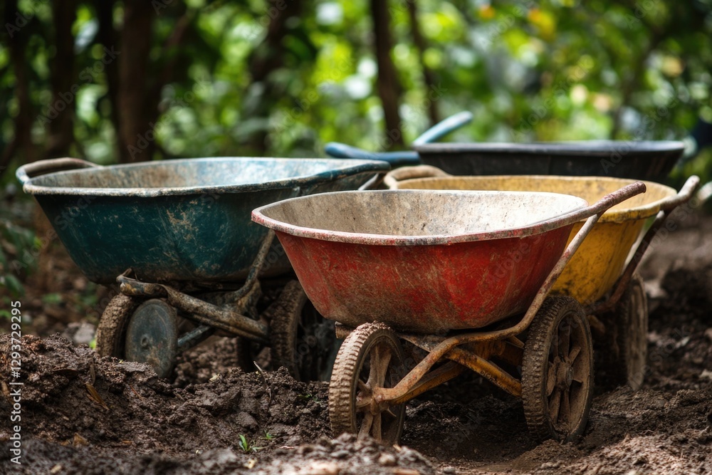 Two wheelbarrows sitting in dirt, possibly being used for gardening or landscaping Two wheelbarrows sitting in dirt, possibly being used for gardening or landscaping