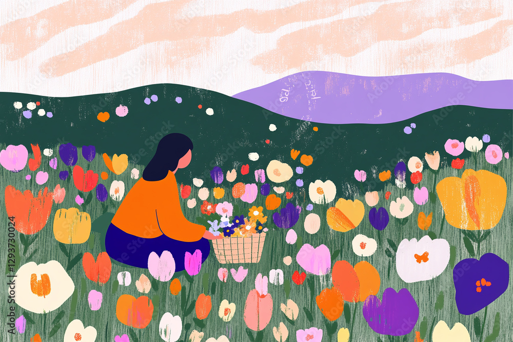 Fototapeta premium Vector illustration of a person picking wildflowers in a sunny meadow, flat style illustration, simple shapes