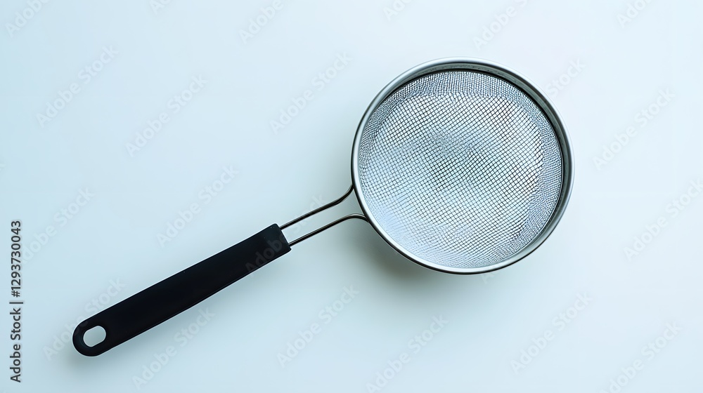Stainless steel strainer with black plastic handle on white backdrop Stainless steel strainer with black plastic handle on white backdrop