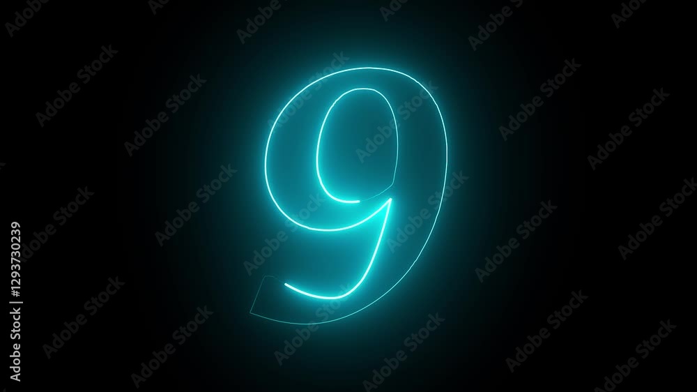 Abstract glowing neon text 9 number countdown icon. Educational mathematics 9 animation on black background. Abstract glowing neon text 9 number countdown icon. Educational mathematics 9 animation on black background.