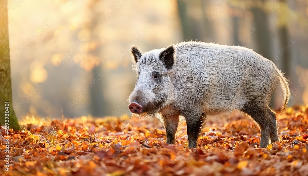 Vigilant Male Wild Boar Against Autumns Amber Backdrop, Majestically Defending His Territory, With Mossy Oak Textures and Leafy Surroundings, Capturing the Power and Vigilant Male Wild Boar Against Autumns Amber Backdrop, Majestically Defending His Territory, With Mossy Oak Textures and Leafy Surroundings, Capturing the Power and