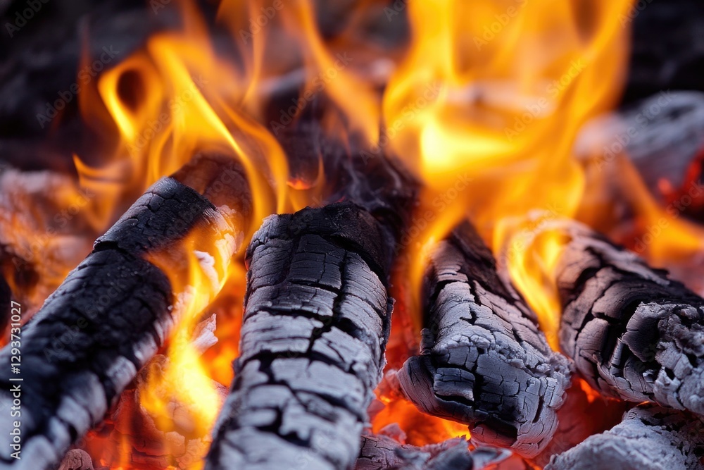 Close-up shot of wood burning, with flames and smoke visible Close-up shot of wood burning, with flames and smoke visible