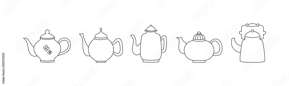 Linear kettles collection. Outline tea pot drawings. Line art. Kitchen ware. Cozy home utensils. Vector. Linear kettles collection. Outline tea pot drawings. Line art. Kitchen ware. Cozy home utensils. Vector.