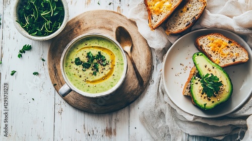 Healthy vegetarian brunch featuring soup and avocado sandwiches, showcasing fresh and wholesome ingredients.
