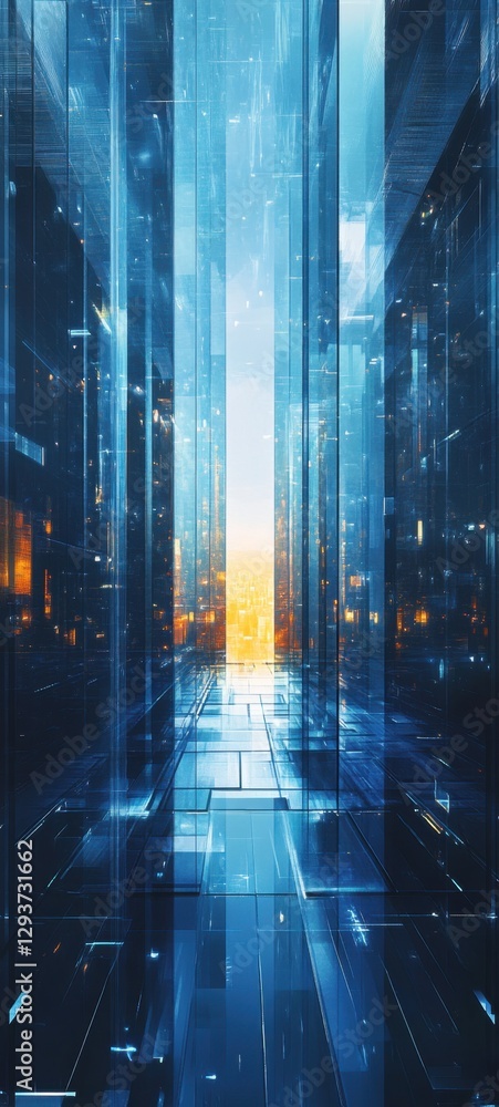 Fototapeta premium Futuristic glass cityscape with bright light at the end of the corridor