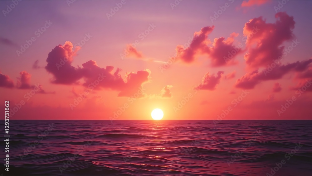 Obraz premium Golden Sunset Over Calm Ocean with Purple Clouds