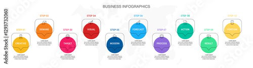 Modern Business Infographic with Speech Bubble Circles – 10 Steps Process, Workflow Chart, Timeline Template