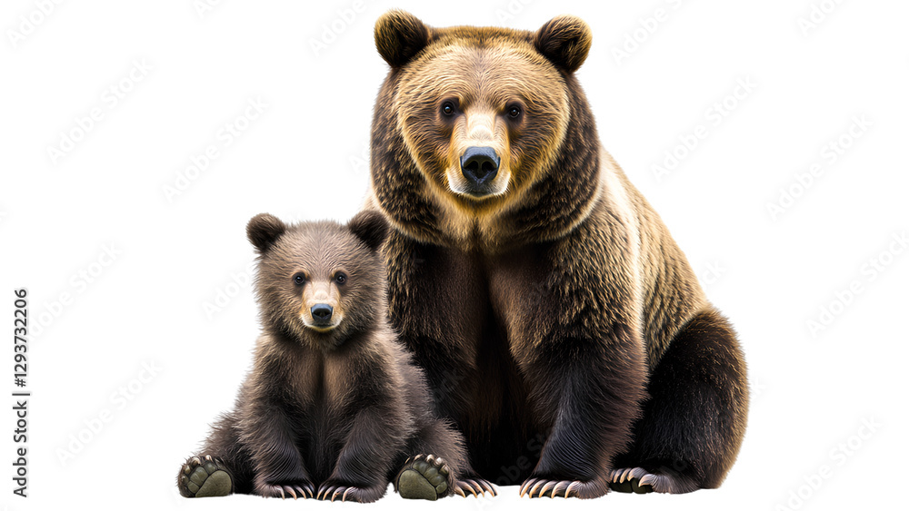 Fototapeta premium Realistic Brown Bear and Cub Sitting Together – Wildlife Photography