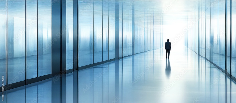 Man walking modern glass corridor, bright light ahead, blurred figures background, corporate success Man walking modern glass corridor, bright light ahead, blurred figures background, corporate success