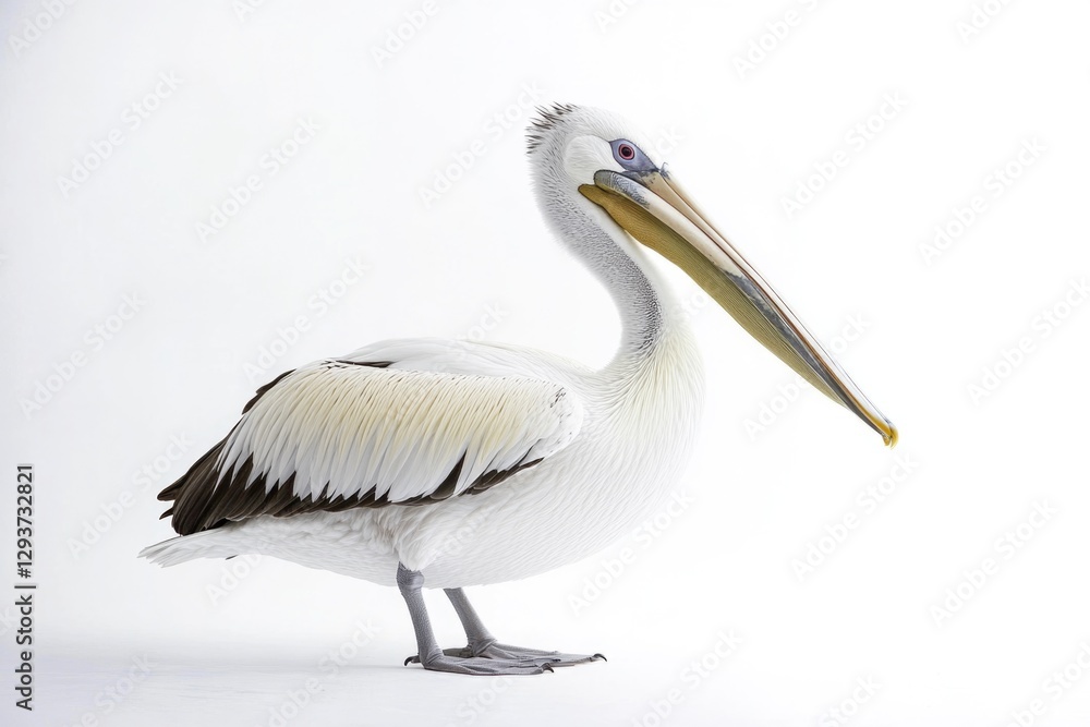 A single white pelican stands on a white surface, possibly a snowy or sandy beach A single white pelican stands on a white surface, possibly a snowy or sandy beach