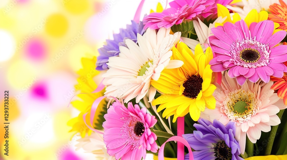 Fototapeta premium Vibrant Birthday Bouquet with Fresh Flowers, Joyful Floral Arrangement for Celebrations, Party Decorations, Festive Greeting Card Background