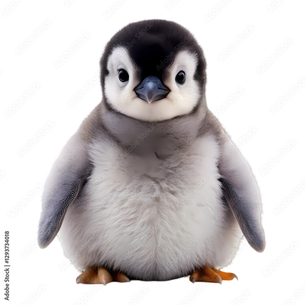 Naklejka premium Adorable Baby Penguin Chick Fluffy Cute Wildlife Animal Bird Polar Nature ice snow gray beak eyes