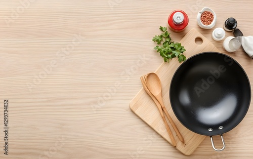 Empty Wok on Wooden Table Top View Cooking Food