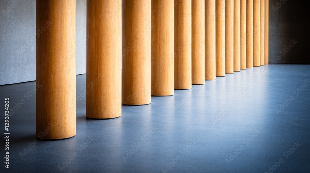 Modern wooden columns, interior hallway, minimalist design, perspective, corporate backdrop Modern wooden columns, interior hallway, minimalist design, perspective, corporate backdrop