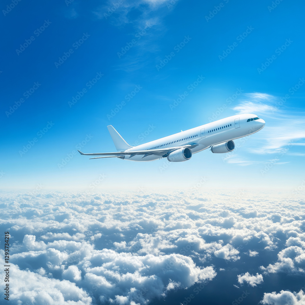 Fototapeta premium An aeroplane is soaring over clouds in a blue sky as part of a travel background. An aeroplane in flight with a blank livery