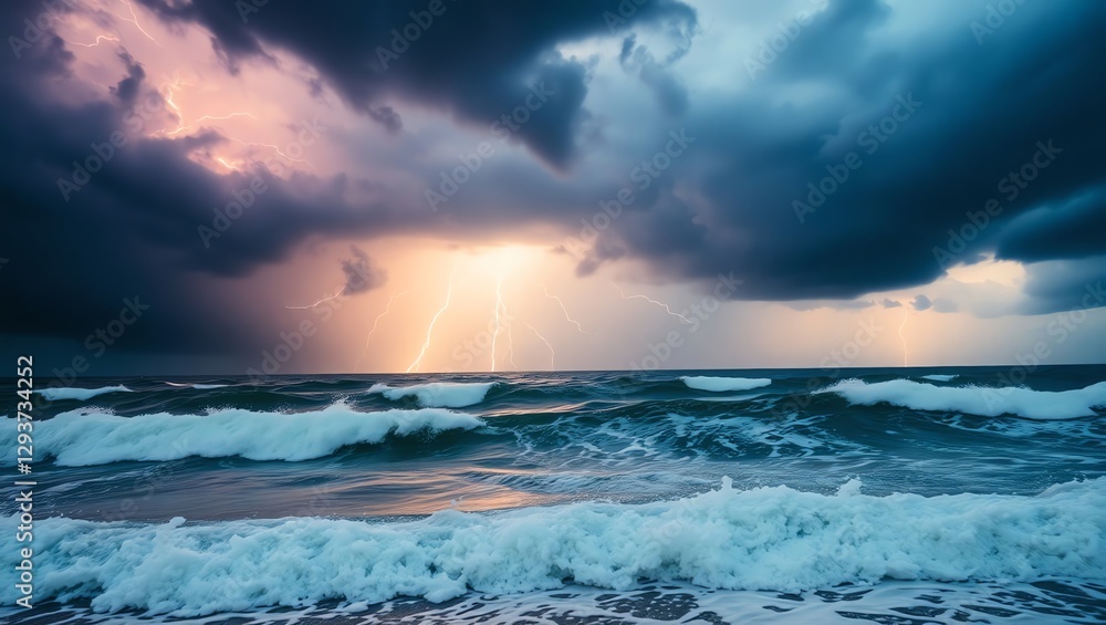 Obraz premium Dark Storm Clouds with Lightning Over the Ocean