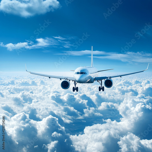 An aeroplane is soaring over clouds in a blue sky as part of a travel background. An aeroplane in flight with a blank livery