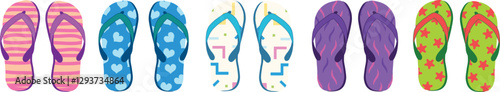 Colorful Summer Flip Flops Vector Set – Vibrant Beach Sandals in Tropical Patterns, Bright Colors, and Fun Summer Design