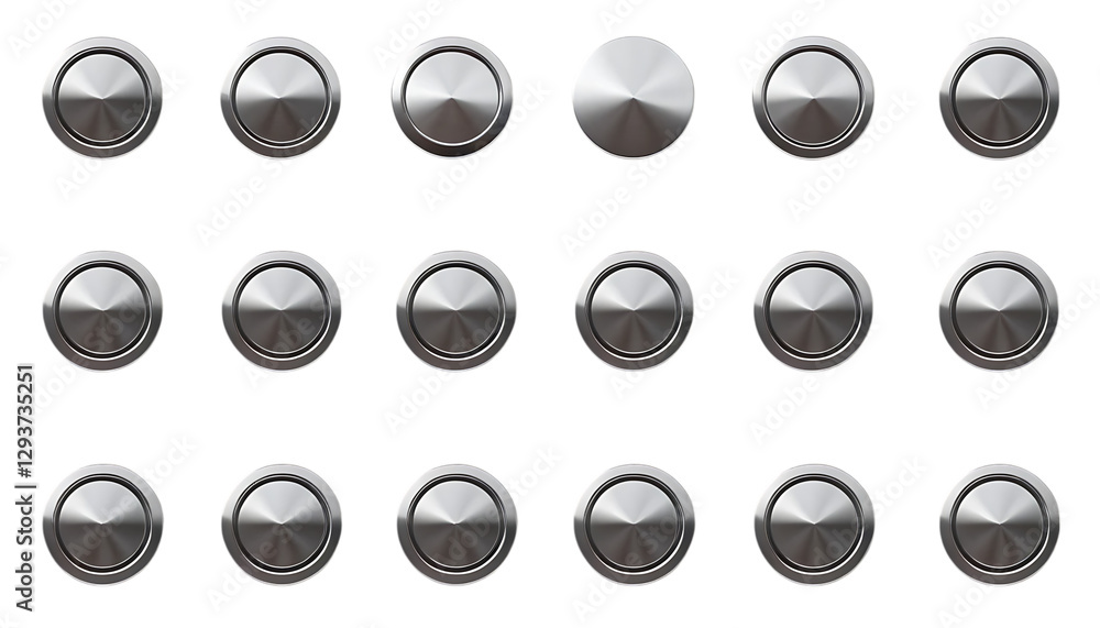 A set of metal chrome circle buttons is presented A set of metal chrome circle buttons is presented