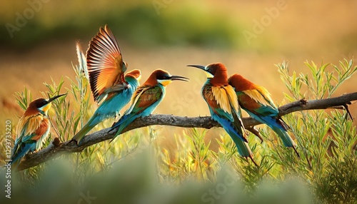 Striking Meeting of Four BeeEaters Vivid Feathered Gathering against a Serene African Sunset, Capturing the Essence of Natural Wonders and Colorful Beauty. photo