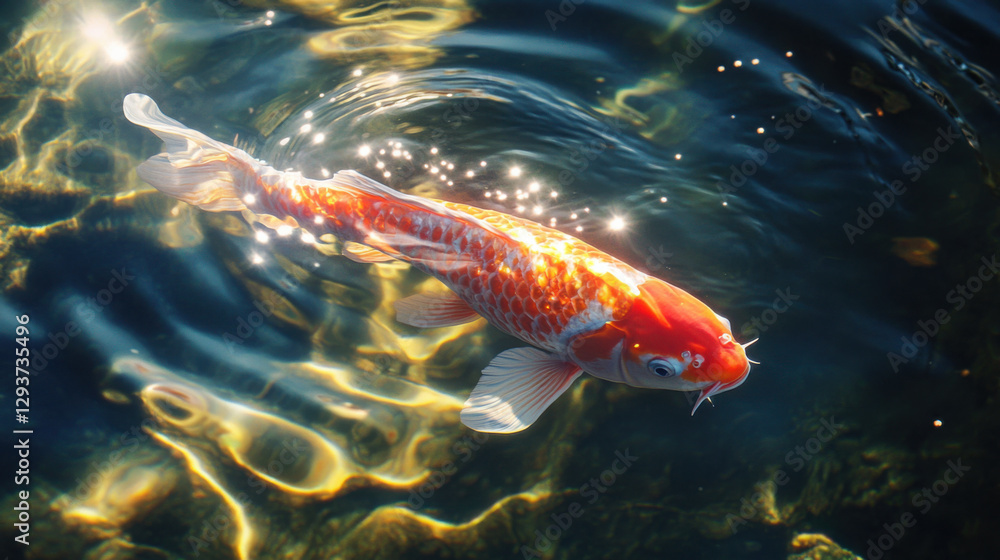 A beautiful koi fish swimming in a crystal-clear pond A beautiful koi fish swimming in a crystal-clear pond