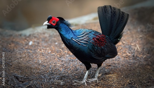 Melanistic Mutant Pheasant Rooster in Stark Contrast Against Dappled Forest Floor, Majestic and Mysterious Creature Amidst the Green Wilderness.