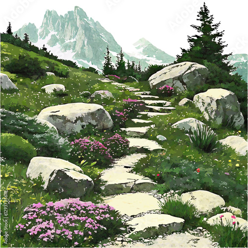  A stunning Alpine rock garden featuring natural stone, hardy plants, and mountain-inspired landscape design.