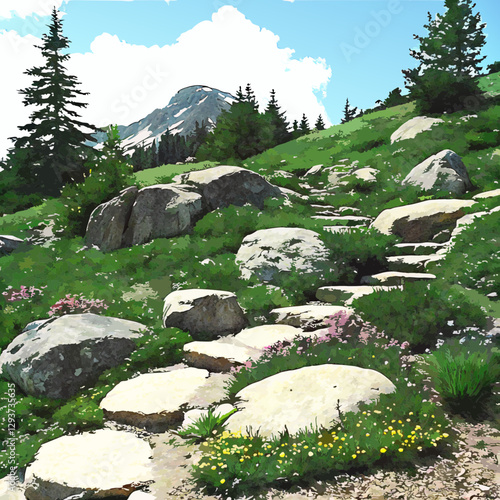  A stunning Alpine rock garden featuring natural stone, hardy plants, and mountain-inspired landscape design.