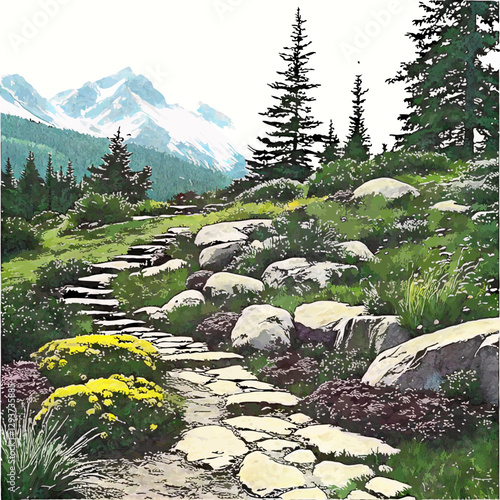 A stunning Alpine rock garden featuring natural stone, hardy plants, and mountain-inspired landscape design.