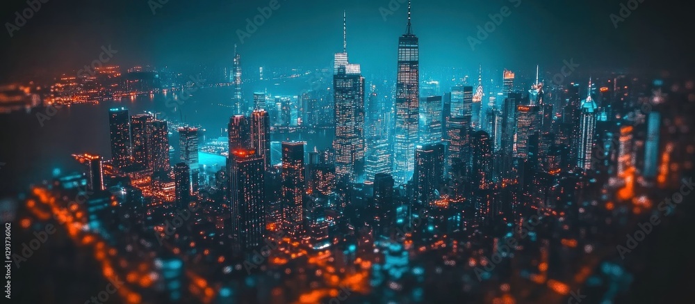 Obraz premium Night cityscape, skyscrapers, harbor view, urban sprawl, website banner