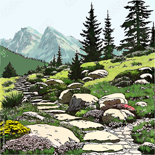  A stunning Alpine rock garden featuring natural stone, hardy plants, and mountain-inspired landscape design.