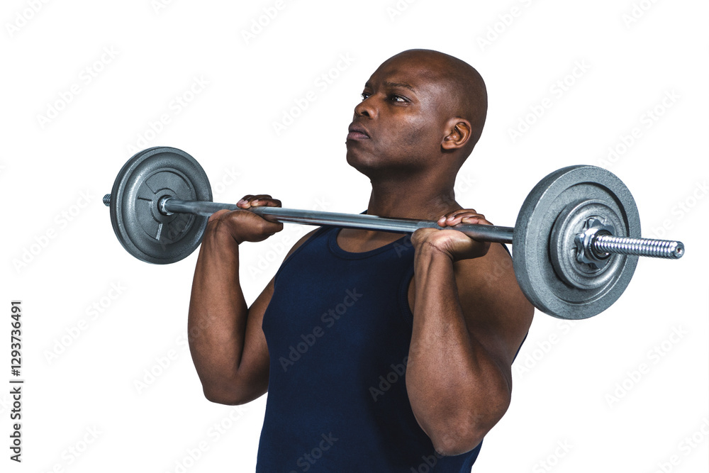 Bodybuilder lifting barbell, focused on strength training and muscle building Bodybuilder lifting barbell, focused on strength training and muscle building