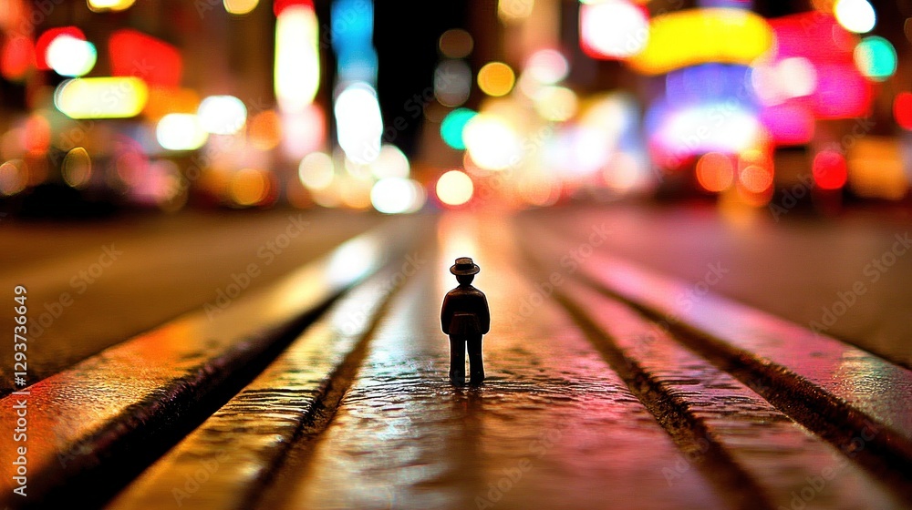 Fototapeta premium Miniature man on city street at night, vibrant lights blurred background, urban loneliness concept